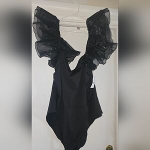 Black Ruffle Strap One-Piece Bodysuit